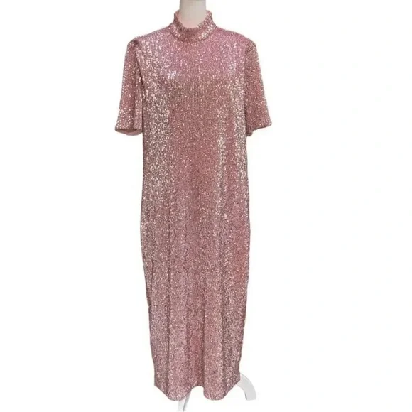 NWT Vineyard Vines Rose Gold Pink Sequin Midi Stretch Sparkle Dress - Picture 1 of 8